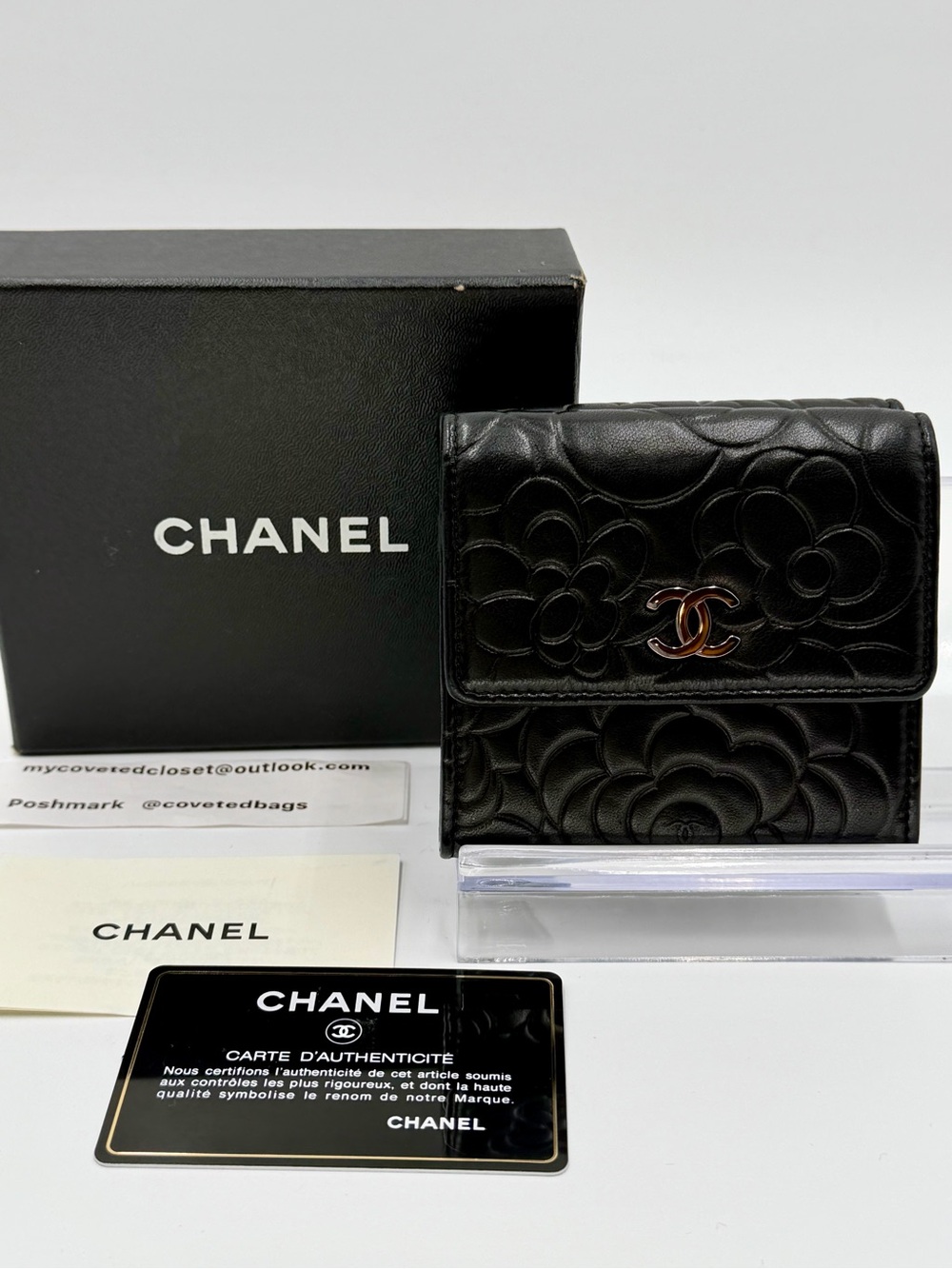 CHANEL Black Camellia Tri Fold Wallet with Silver CC Full Set🖤🩶